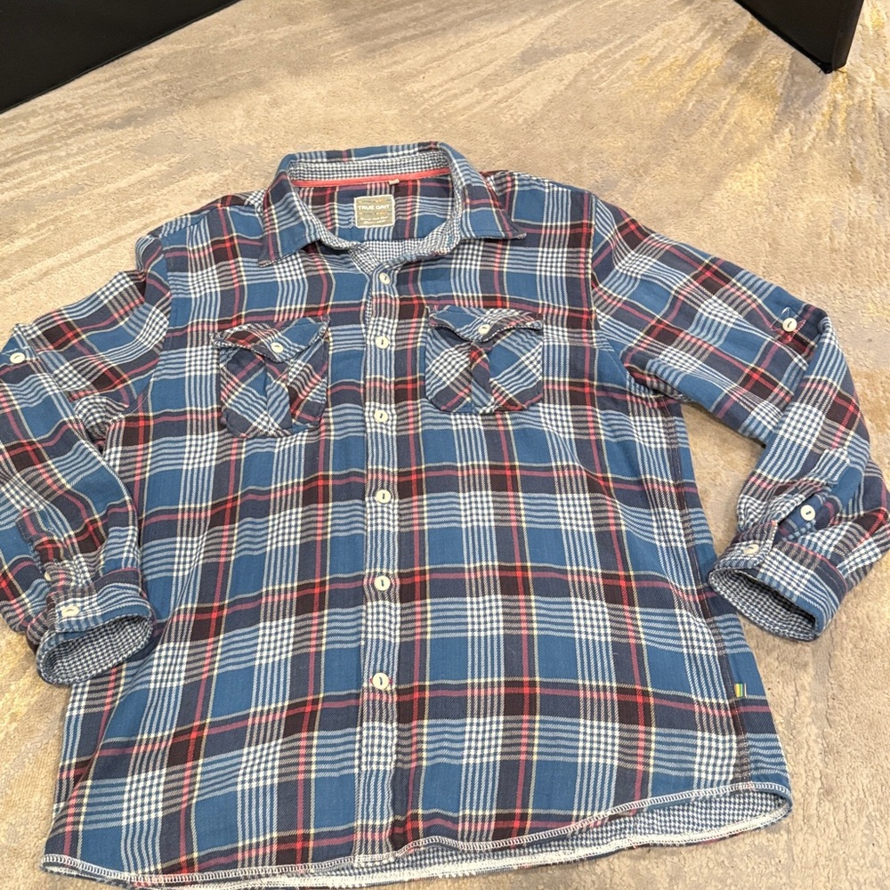 True Grit Blue Plaid Men's Casual Button Down Long Sleeve Cotton Shirt Sz XL